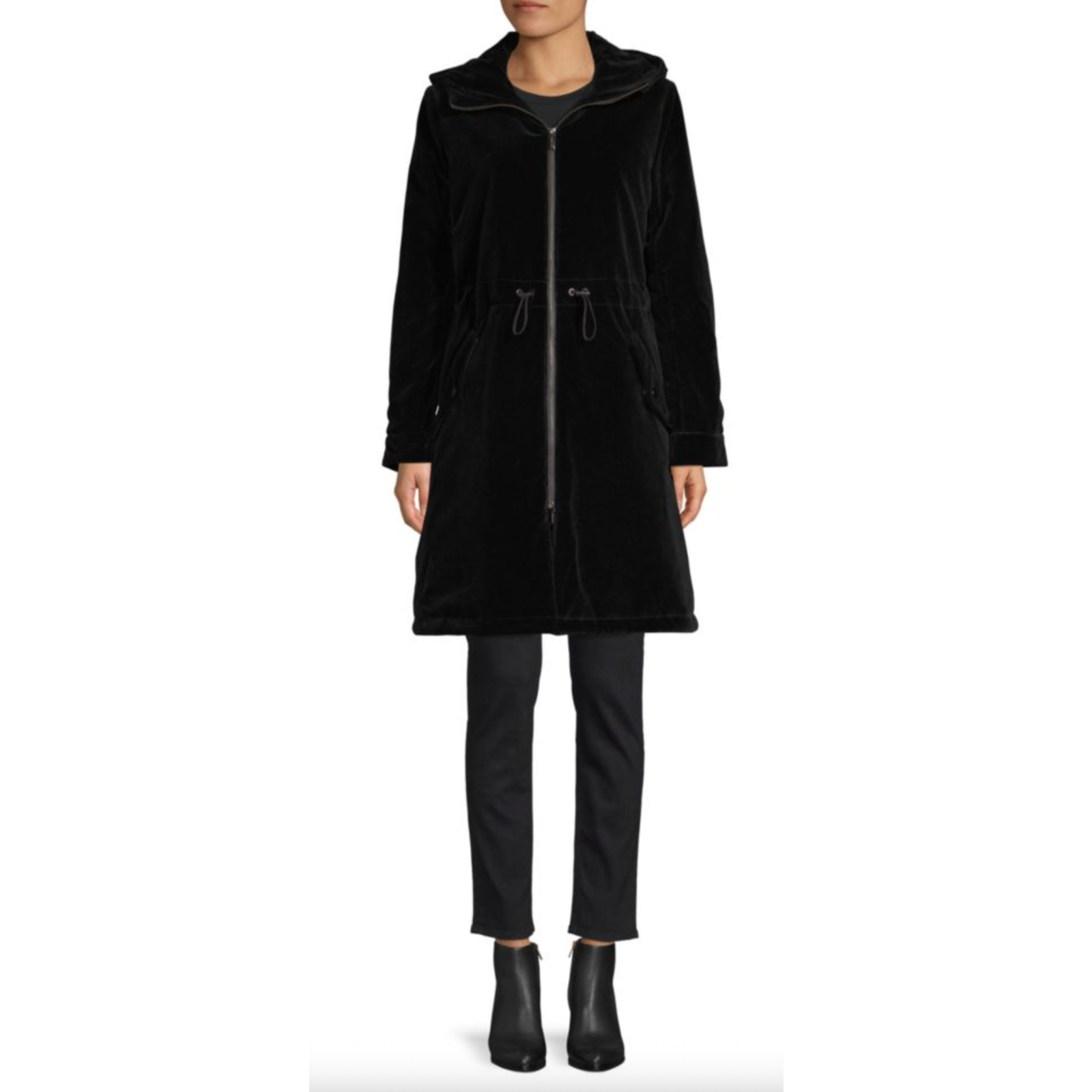 Nwt Jane Post Black Velvet Hooded Rain Parka Coat $650 Size Medium — image 3 of 8